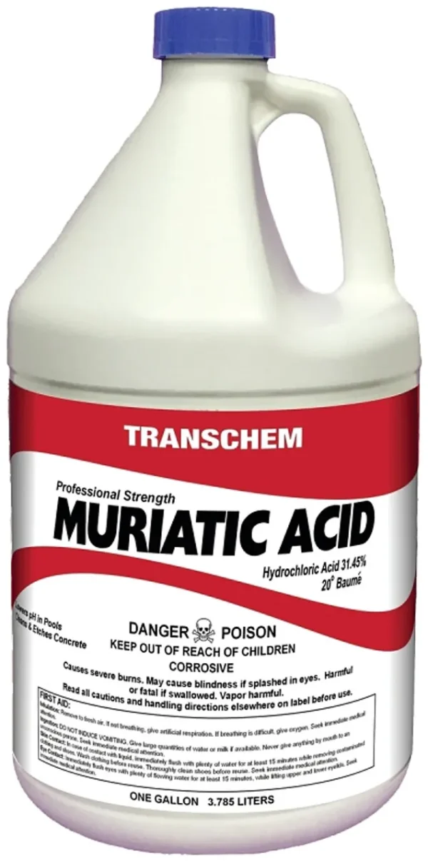 Tackle tough cleaning tasks with Muriatic Acid. This highly corrosive solution is perfect for cleaning brick, etching concrete, and maintaining swimming pools. Product Description Muriatic Acid 1 Gallon is a potent cleaning and etching solution, chemically identical to Hydrochloric Acid (HCl). Known for its strong corrosive properties, it effectively breaks down materials and residues, making it an excellent choice for industrial and household cleaning projects. This acid is commonly used to clean brick, remove tough stains, etch concrete for better adhesion, and maintain swimming pools. Its versatility makes it an essential product for professionals and homeowners tackling heavy-duty cleaning and restoration tasks. While highly effective, this product requires careful handling due to its strong corrosive nature and should always be diluted as needed. Muriatic Acid 1 Gallon Specifications Type: Inorganic acid (HCl) Strength: Highly corrosive Application Areas: Cleaning brick and masonry Etching concrete surfaces Swimming pool maintenance Cleaning metals (with proper precautions) Key Features: Breaks down tough residues and deposits Prepares concrete for coatings or sealers Ideal for industrial and household applications Can be diluted with water for various tasks Muriatic Acid Additional Features Multi-Use Formula: Suitable for cleaning, etching, and stain removal across different materials. Powerful Performance: Handles stubborn grime and residues that regular cleaners cannot. Customizable Strength: Can be diluted to achieve the desired intensity for specific applications. Industrial-Grade Solution: Designed for professional-grade cleaning and preparation tasks. Versatile Applications: Used in construction, maintenance, and pool care. Warranty Information Muriatic Acid 1 Gallon does not include a manufacturer warranty. Always follow usage instructions carefully and use appropriate safety equipment during handling. Customer Reviews Purchase and Shipping Muriatic Acid 1 Gallon is available for purchase. Order online today and select fast shipping options to start your project immediately. Frequently Asked Questions Q1: Can this product be used indoors? A1: Muriatic Acid can be used indoors, but ensure proper ventilation to avoid inhaling fumes. Q2: How do I dilute it for concrete etching? A2: Typically, a 1:10 acid-to-water ratio works well for concrete etching. Always add acid to water, not the other way around. Q3: Is it safe for use in swimming pools? A3: Yes, it’s commonly used to lower pH levels and remove mineral deposits in pools. Follow the pool maintenance instructions carefully. Q4: Will it damage painted surfaces? A4: Yes, Muriatic Acid is highly corrosive and will remove paint. Avoid contact with painted surfaces unless paint removal is the goal. Q5: Can it be used on metal surfaces? A5: It can clean certain metals but may corrode others. Always test on a small area first and rinse thoroughly after application. Tackle tough cleaning tasks with Muriatic Acid. This highly corrosive solution is perfect for cleaning brick, etching concrete, and maintaining swimming pools. Product Description Muriatic Acid 1 Gallon is a potent cleaning and etching solution, chemically identical to Hydrochloric Acid (HCl). Known for its strong corrosive properties, it effectively breaks down materials and residues, making it an excellent choice for industrial and household cleaning projects. This acid is commonly used to clean brick, remove tough stains, etch concrete for better adhesion, and maintain swimming pools. Its versatility makes it an essential product for professionals and homeowners tackling heavy-duty cleaning and restoration tasks. While highly effective, this product requires careful handling due to its strong corrosive nature and should always be diluted as needed. Muriatic Acid 1 Gallon Specifications Type: Inorganic acid (HCl) Strength: Highly corrosive Application Areas: Cleaning brick and masonry Etching concrete surfaces Swimming pool maintenance Cleaning metals (with proper precautions) Key Features: Breaks down tough residues and deposits Prepares concrete for coatings or sealers Ideal for industrial and household applications Can be diluted with water for various tasks Muriatic Acid Additional Features Multi-Use Formula: Suitable for cleaning, etching, and stain removal across different materials. Powerful Performance: Handles stubborn grime and residues that regular cleaners cannot. Customizable Strength: Can be diluted to achieve the desired intensity for specific applications. Industrial-Grade Solution: Designed for professional-grade cleaning and preparation tasks. Versatile Applications: Used in construction, maintenance, and pool care. Warranty Information Muriatic Acid 1 Gallon does not include a manufacturer warranty. Always follow usage instructions carefully and use appropriate safety equipment during handling. Customer Reviews Purchase and Shipping Muriatic Acid 1 Gallon is available for purchase. Order online today and select fast shipping options to start your project immediately. Frequently Asked Questions Q1: Can this product be used indoors? A1: Muriatic Acid can be used indoors, but ensure proper ventilation to avoid inhaling fumes. Q2: How do I dilute it for concrete etching? A2: Typically, a 1:10 acid-to-water ratio works well for concrete etching. Always add acid to water, not the other way around. Q3: Is it safe for use in swimming pools? A3: Yes, it’s commonly used to lower pH levels and remove mineral deposits in pools. Follow the pool maintenance instructions carefully. Q4: Will it damage painted surfaces? A4: Yes, Muriatic Acid is highly corrosive and will remove paint. Avoid contact with painted surfaces unless paint removal is the goal. Q5: Can it be used on metal surfaces? A5: It can clean certain metals but may corrode others. Always test on a small area first and rinse thoroughly after application.
